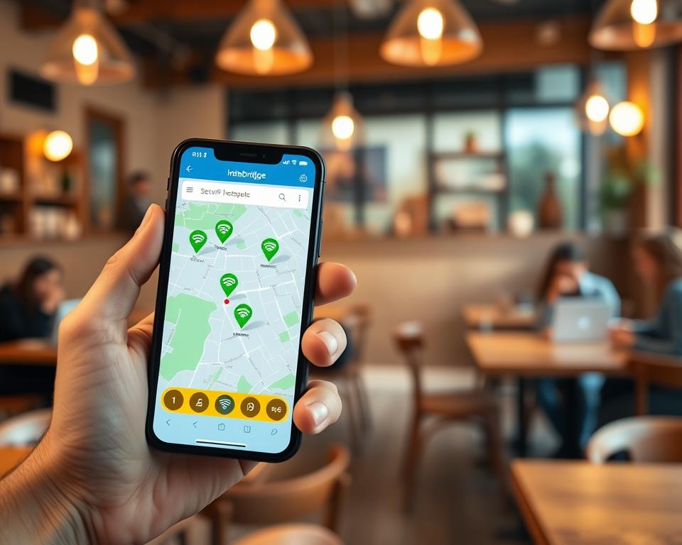 Aplicativo WiFi Instabridge mostrando hotspot WiFi seguro Aplicativo WiFi Instabridge mostrando hotspot WiFi seguro