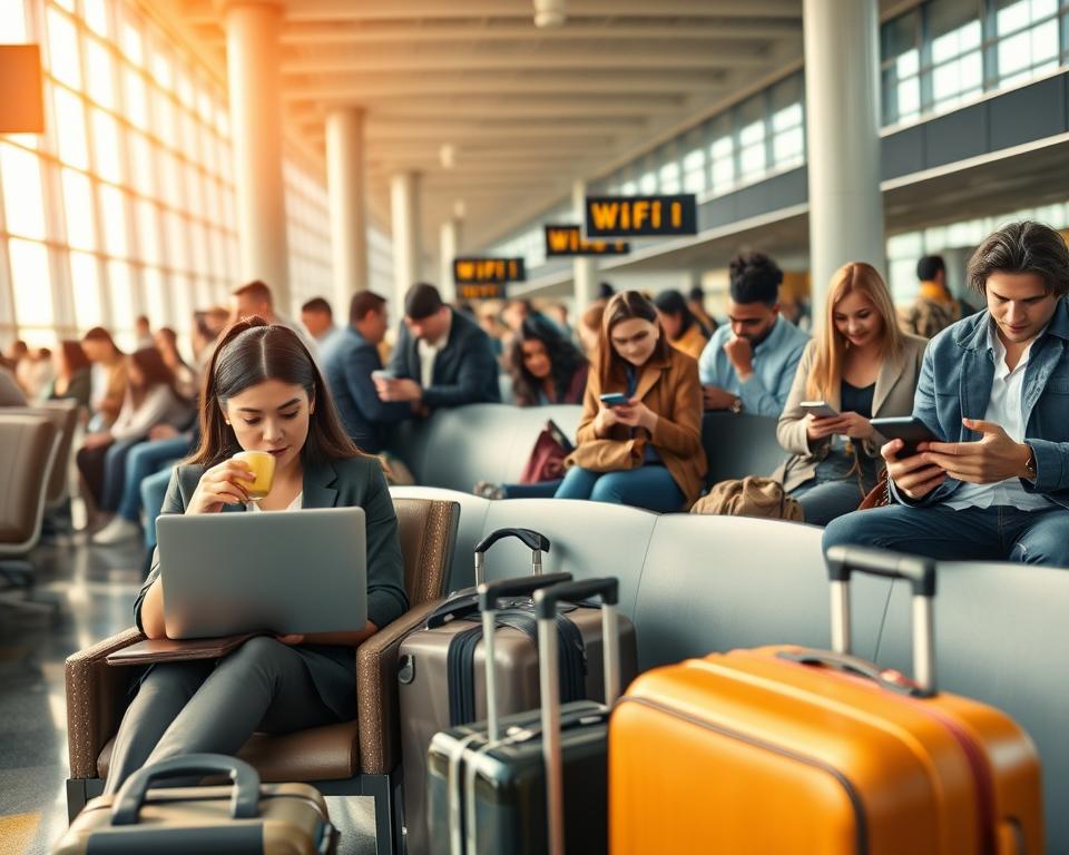 viajantes usando wifi público em aeroporto